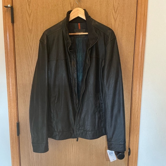 NWT $180 DOCKERS Faux Leather Jacket Coat, lined green plaid, large men’s bomber - Picture 1 of 10